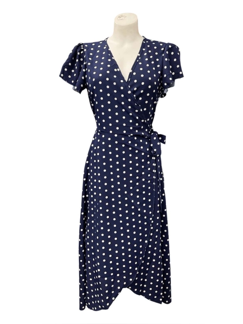 Navy Polka Dot Wrap Dress - Classic Women's Dress Size S